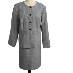 Allyson Cara Women Vintage Two Piece Windowpane Plaid‎ Collarless Suit
